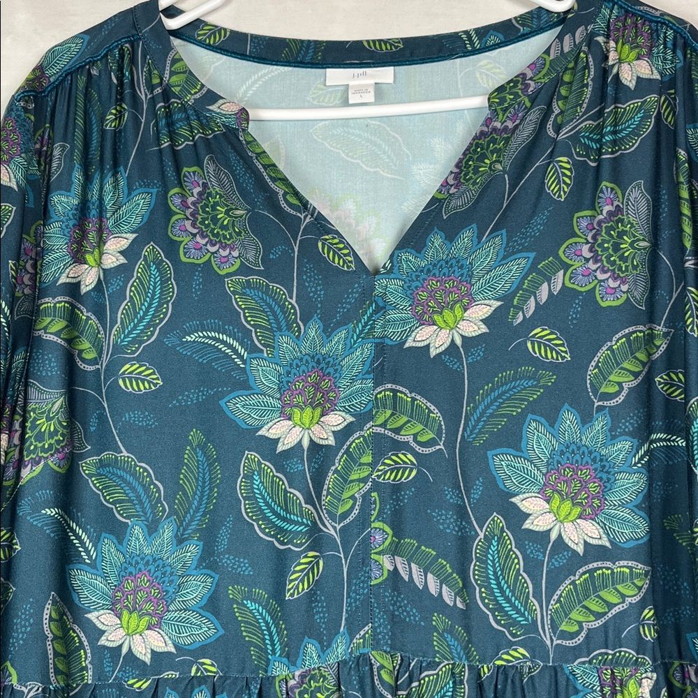 J. Jill Blue and Green Floral Ruffled Midi Dress with Bell Sleeves - Picture 4 of 7